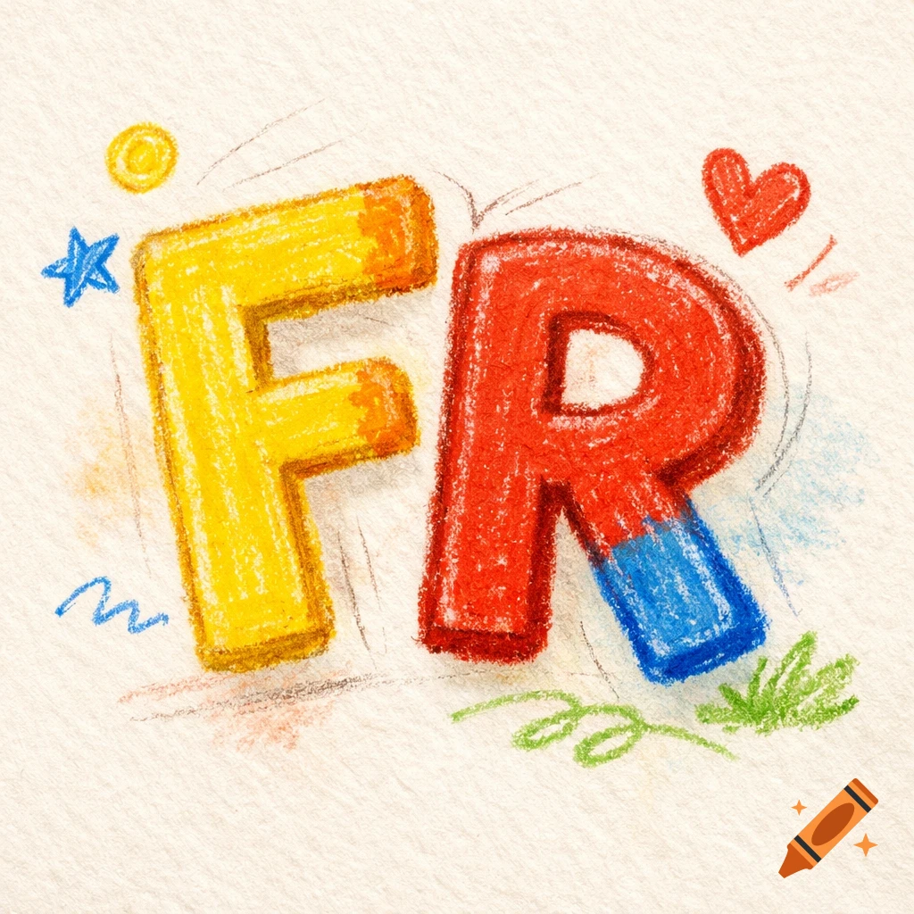 Yellow and red letters 'FR' in a childish crayon drawing style, with a blue accent on the 'R', surrounded by doodles like a star and a heart.