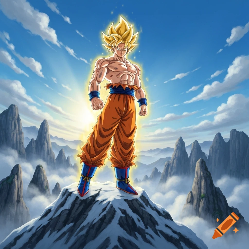 Anime style Goku Super Saiyan standing on a snowy mountain peak, surrounded by clouds and other mountains under a blue sky.
