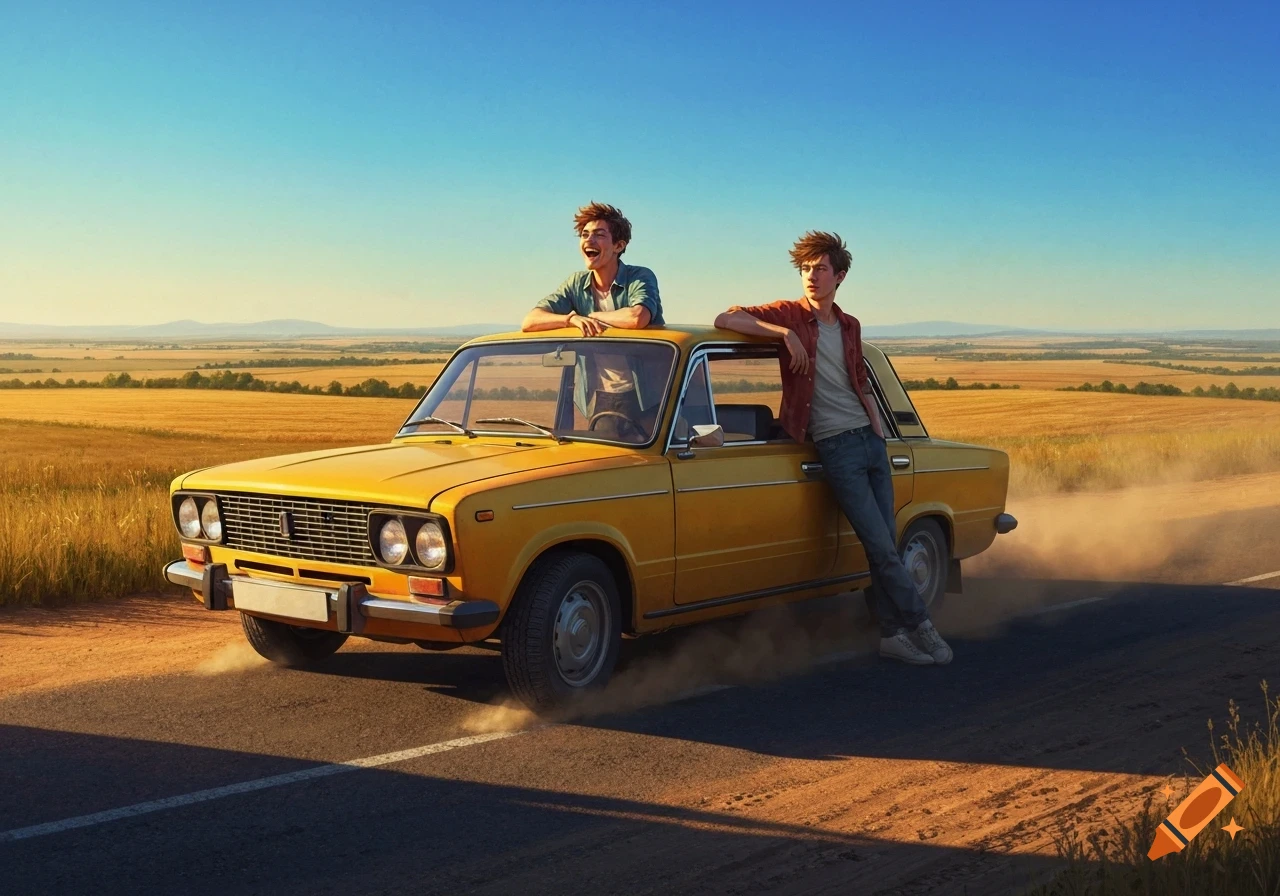 Two stylized young men with a yellow Lada car on a dusty road in a field.