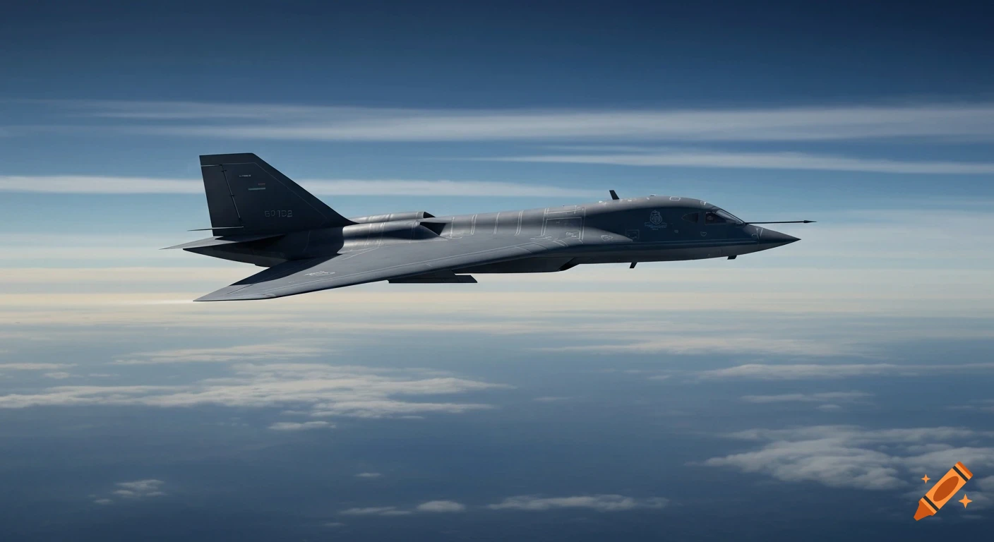 A grey Northrop B-2 Spirit stealth bomber flies level in a blue sky above a layer of white clouds, seen from a side profile.
