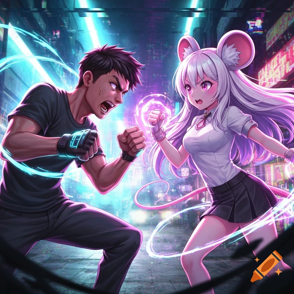 An anime-style image of a man and a mouse girl in a fighting stance in a neon-lit cyberpunk city, surrounded by glowing energy.