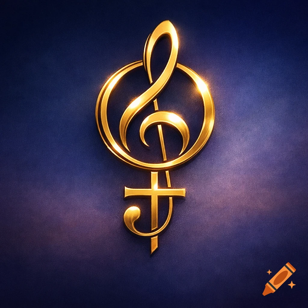 A shiny golden treble clef elegantly combined with a female gender symbol, set against a rich dark blue background.