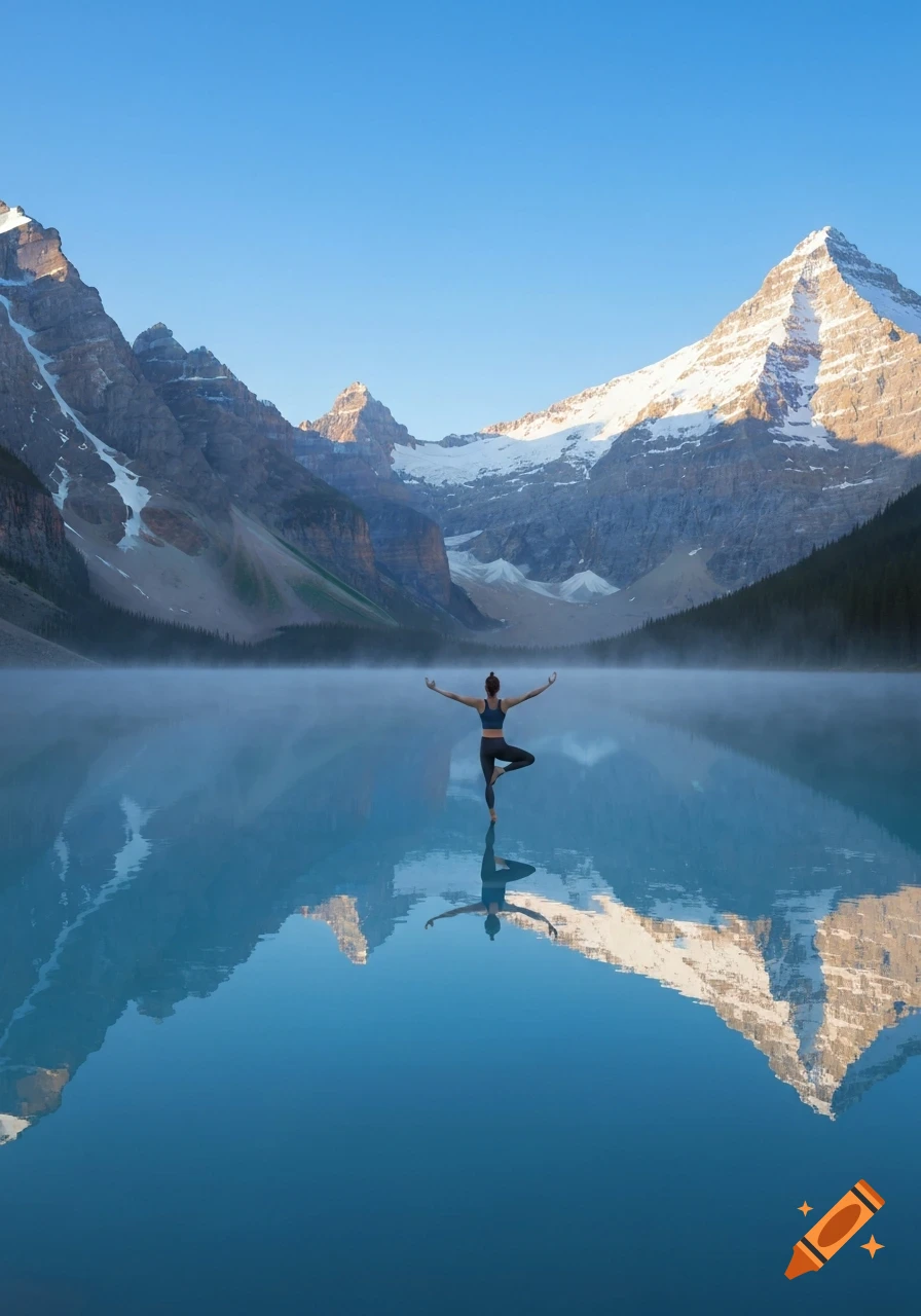 A person in a yoga tree pose balances on the surface of a misty blue lake, with snow-capped mountains reflecting in the water under a clear sky.