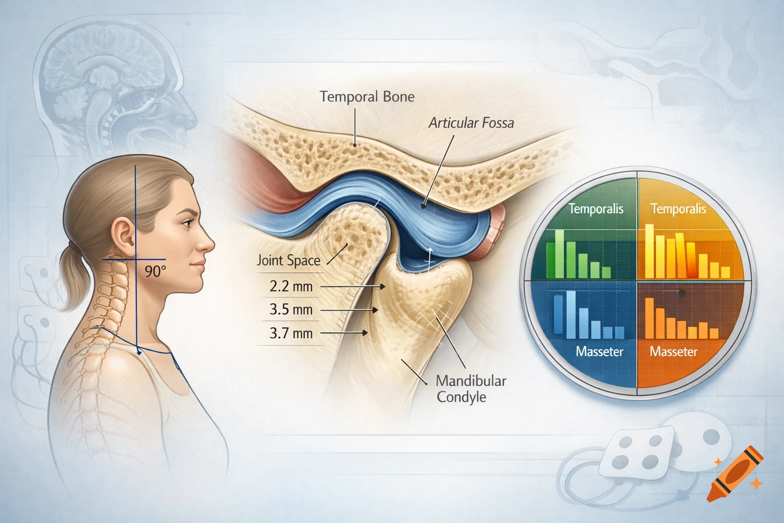 Detailed medical illustration of the temporomandibular joint, showing anatomy, measurements, muscle activity, and head posture.