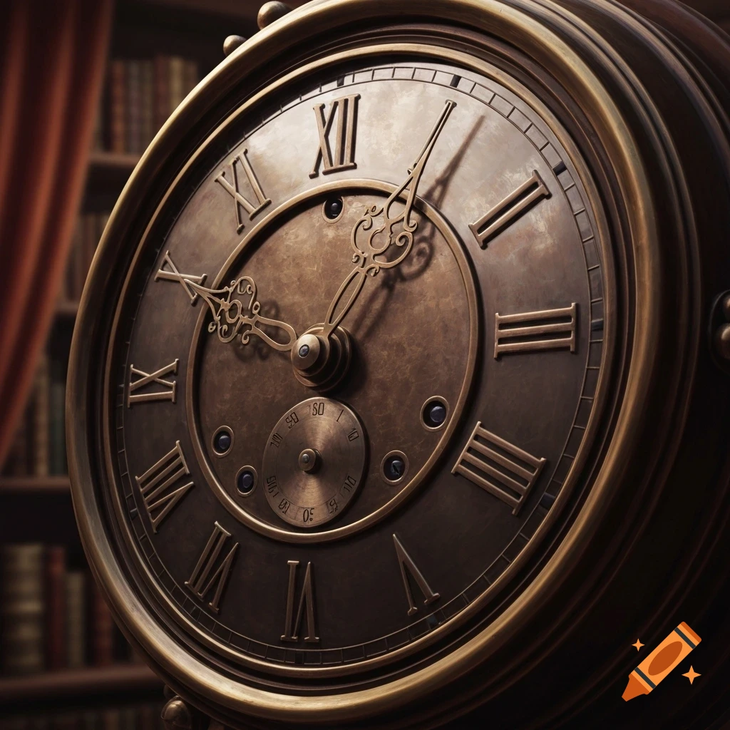A close-up, dramatic shot of an ornate antique bronze clock face with Roman numerals and intricate hands, set against a blurred background of bookshelves.