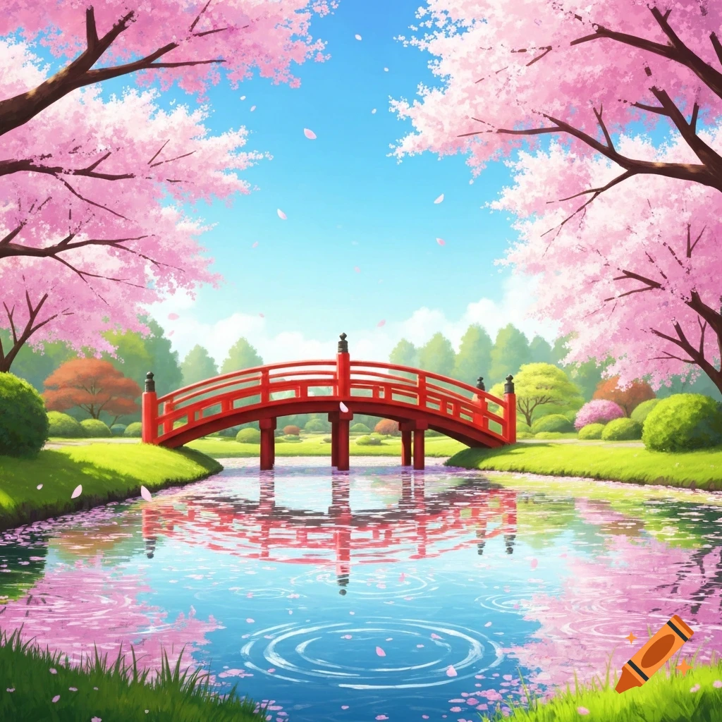 A serene Japanese garden scene with a bright red arched bridge over a pond, framed by pink cherry blossom trees under a clear blue sky. Petals fall into the water.