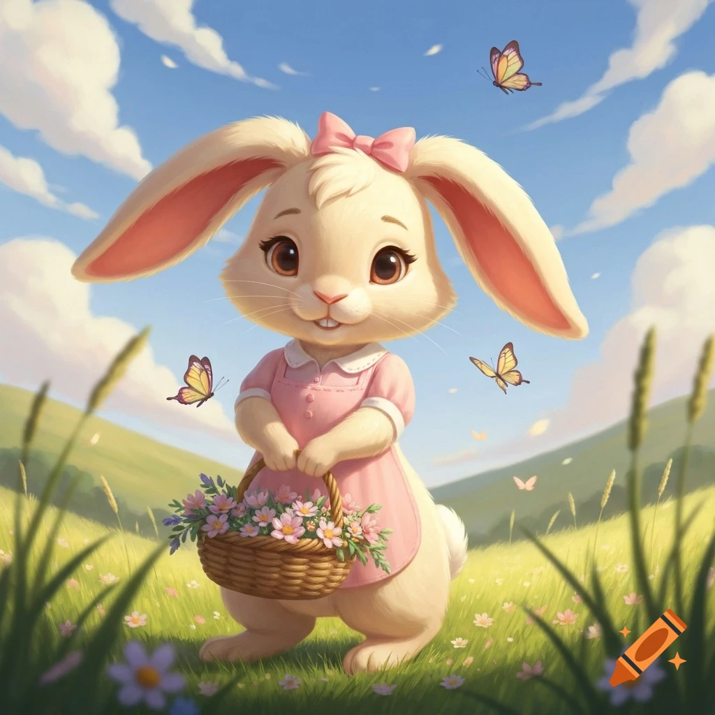 A charming cartoon rabbit in a pink dress and bow holds a flower basket in a sunny green field with butterflies.