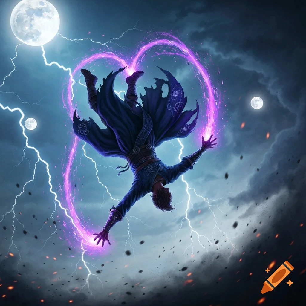 A wizard in a dark cloak falls through a stormy night sky with multiple moons, surrounded by purple heart-shaped magic and lightning.