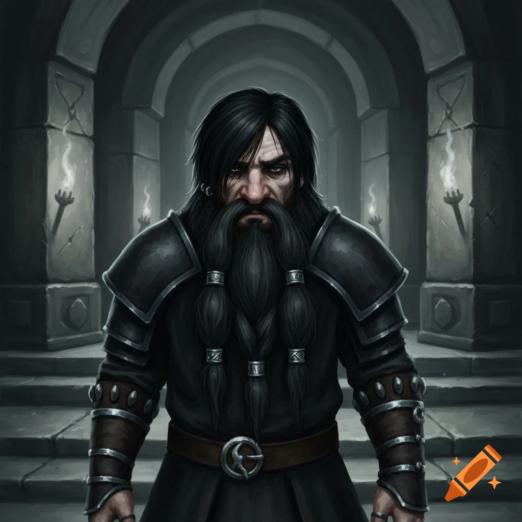 A dark-haired dwarf with a long braided beard and dark armor stands in a stone dungeon.