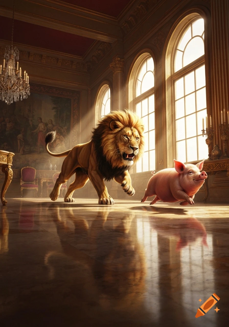 A golden lion chases a pig across a polished floor in an opulent gilded age room with large windows.