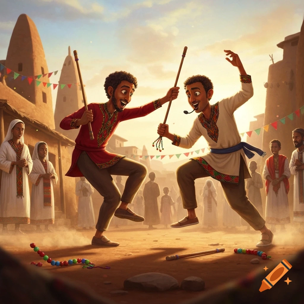 Two smiling men in traditional Ethiopian attire dance with sticks in a vibrant village during a Gena celebration.