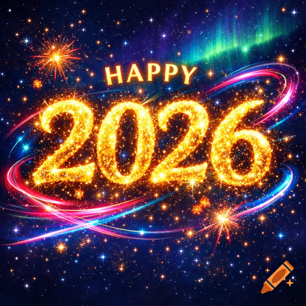 Glittering 'HAPPY 2026' text with fireworks, light trails, and an aurora against a starry night sky.
