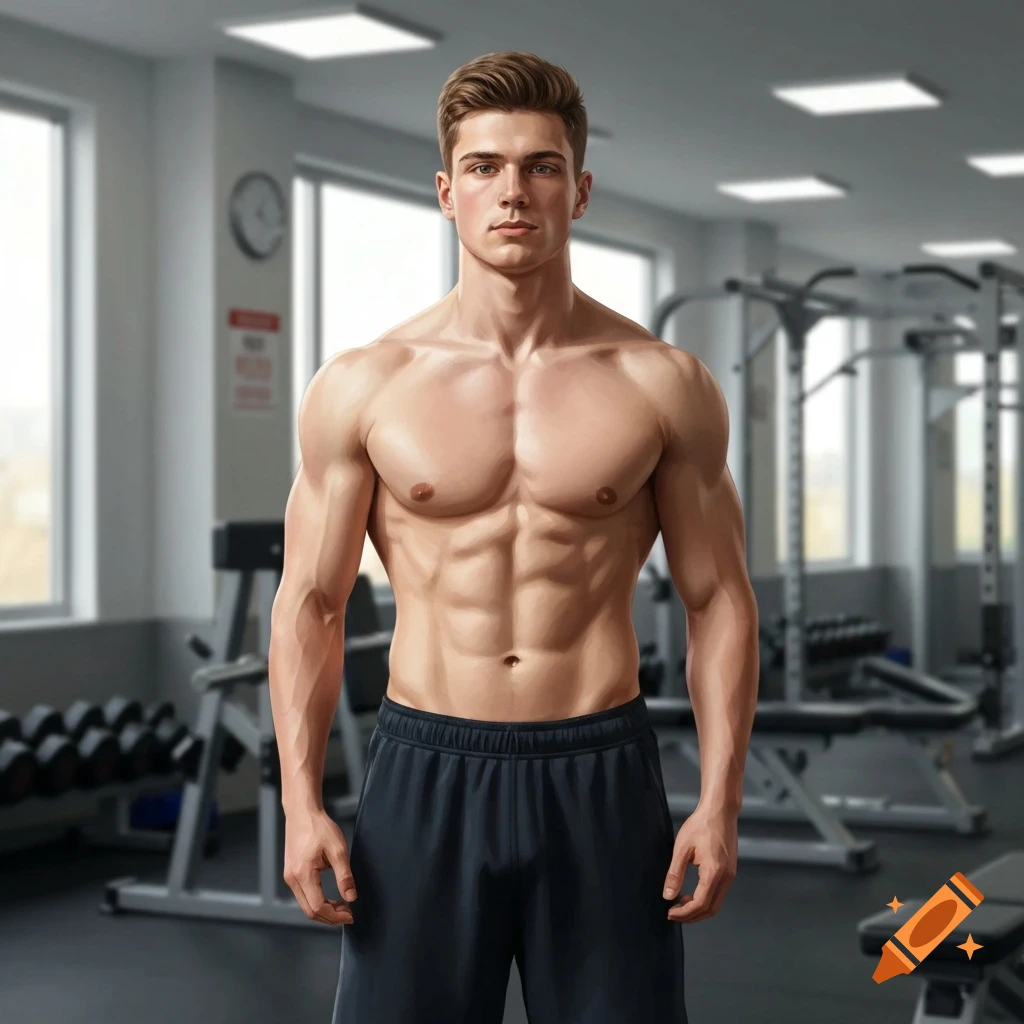 Photorealistic image of a fit man with a developed physique standing shirtless in a gym.