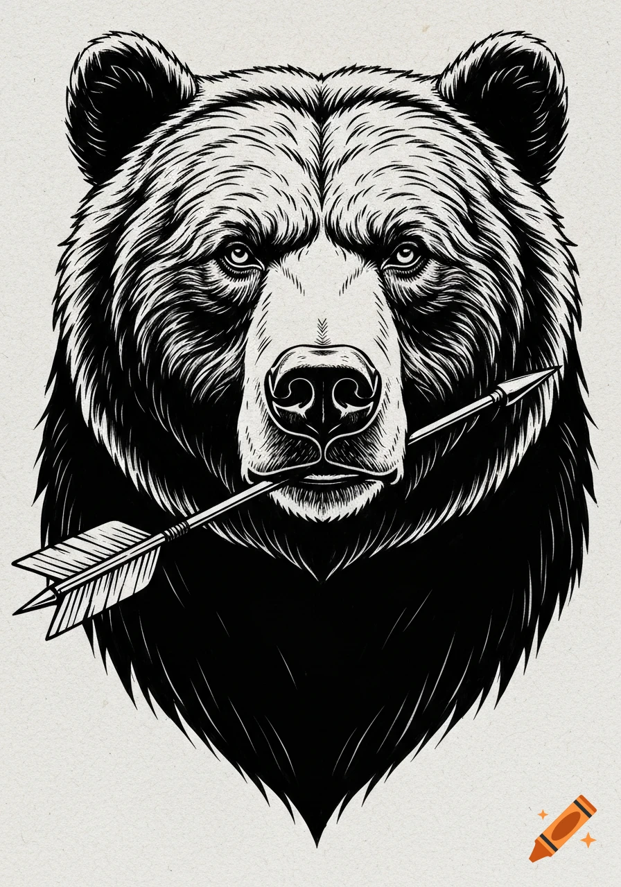 Black and white woodcut style illustration of a bear head with an arrow in its mouth.