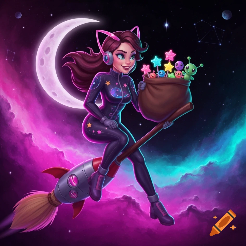 A cartoon space witch with cat ears rides a rocket-broom, holding alien candy, in a vibrant purple and pink nebula with a crescent moon.