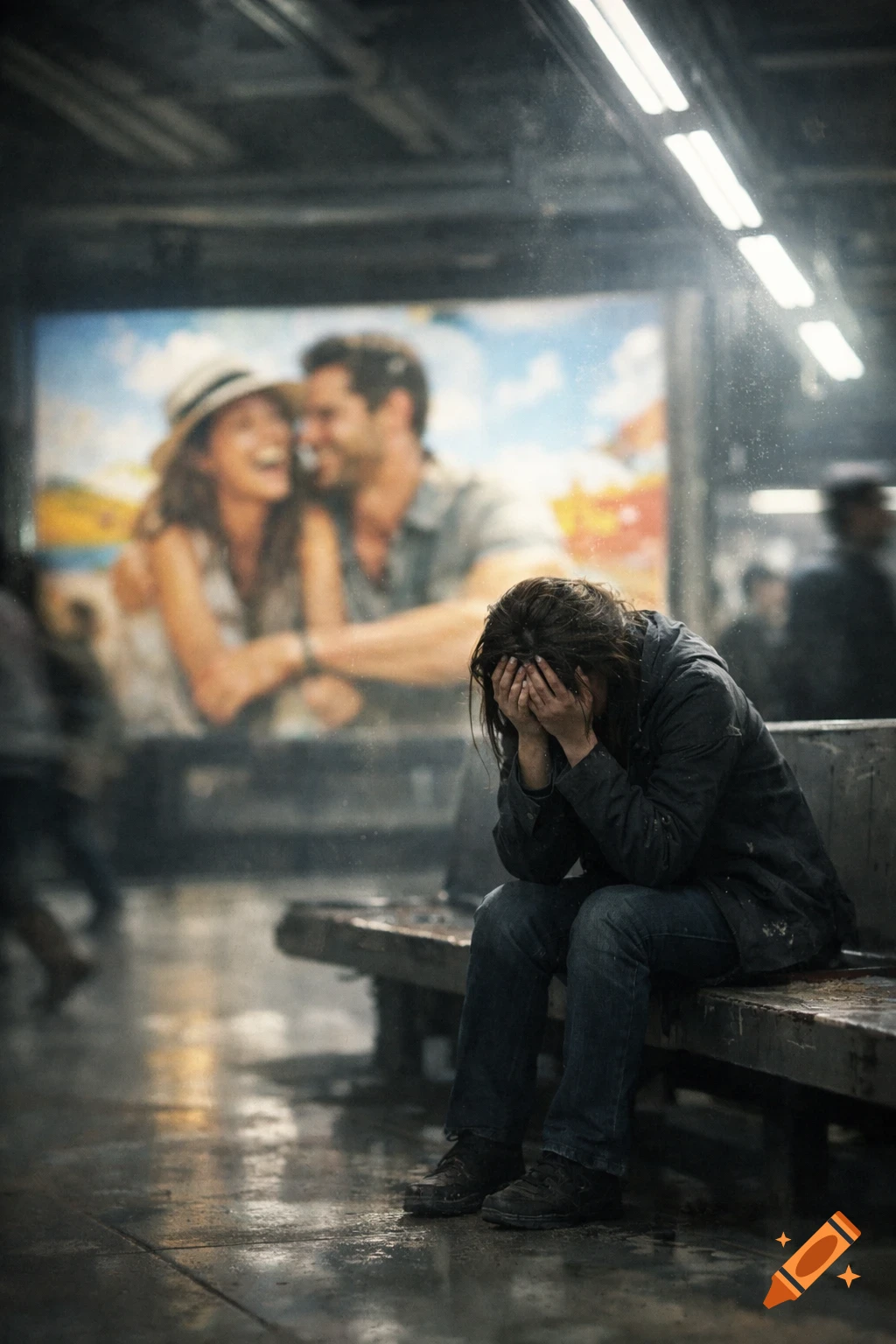 A person with head in hands sits in despair on a bench in a subway station, with a blurry romantic advertisement behind them.