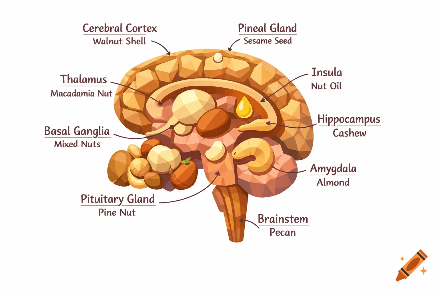 A sagittal cutaway diagram of a human brain, with each part represented by a different type of nut and labeled.
