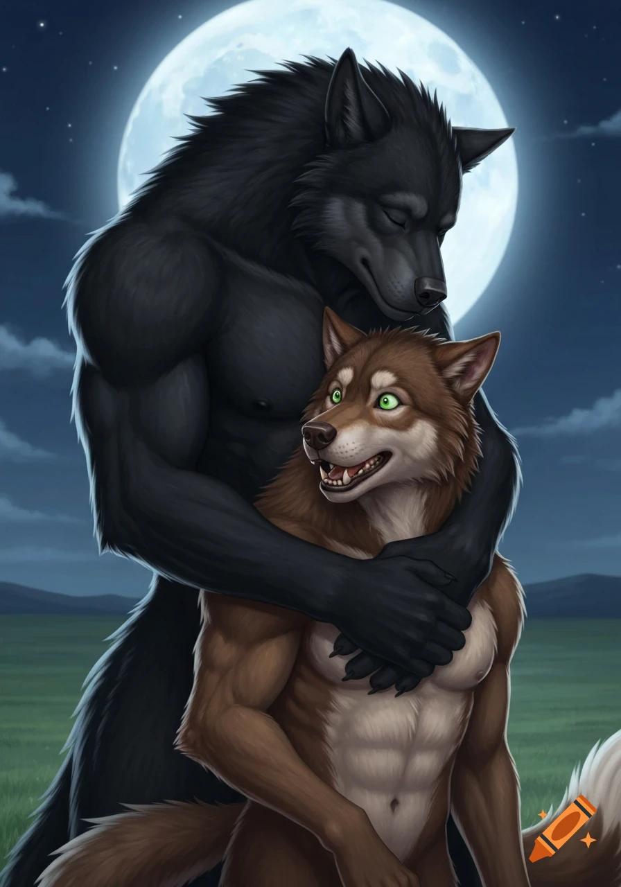 Two muscular male werewolves, one black and one brown, embracing under a full moon in a grassy field, depicted in digital fantasy art.