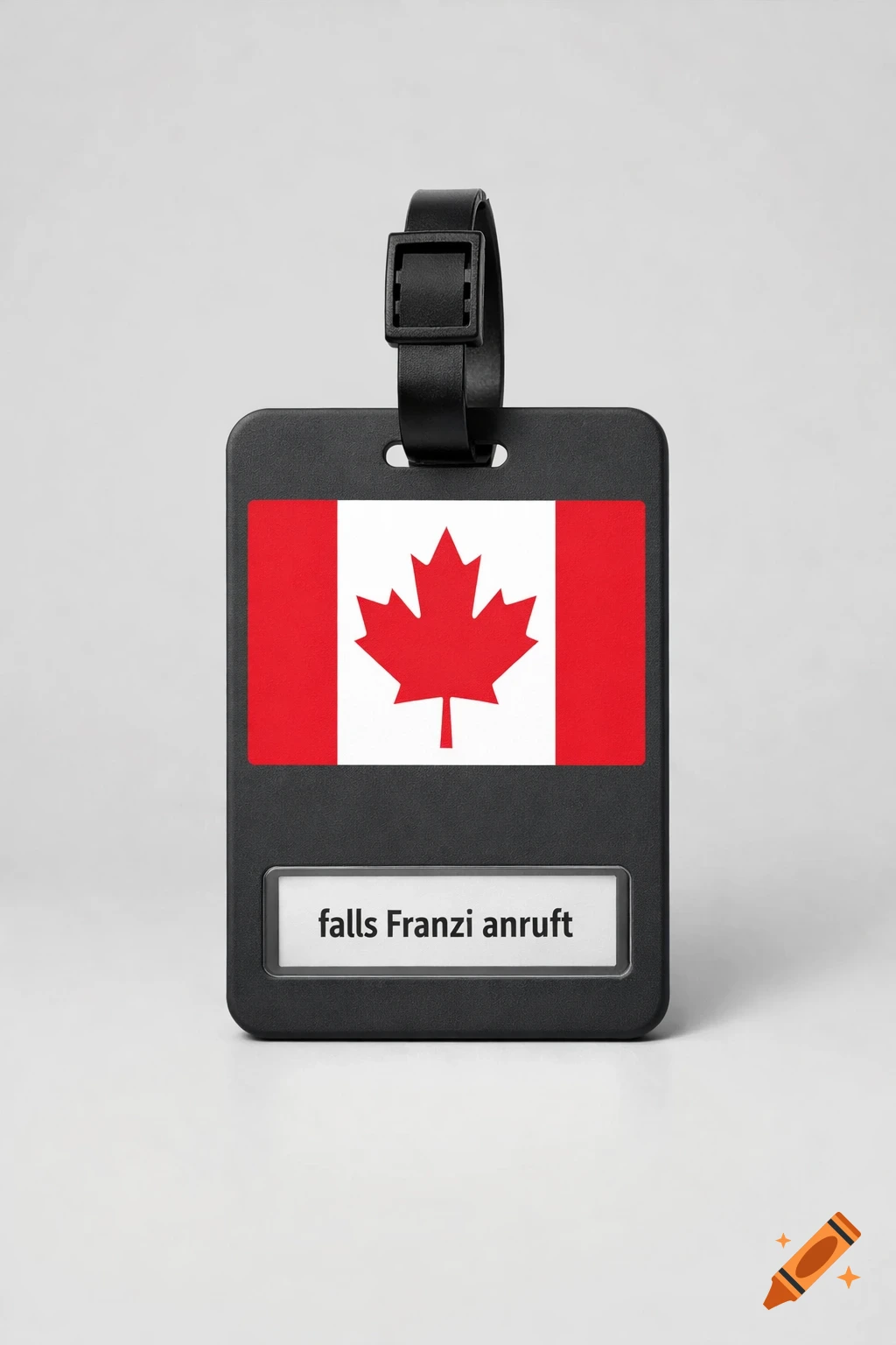 Photorealistic image of a black luggage tag with the Canadian flag and German text on a light background.