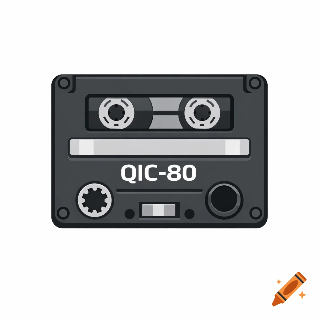 Stylized illustration of a dark grey QIC-80 cassette tape with two visible reels and button details on a white background.