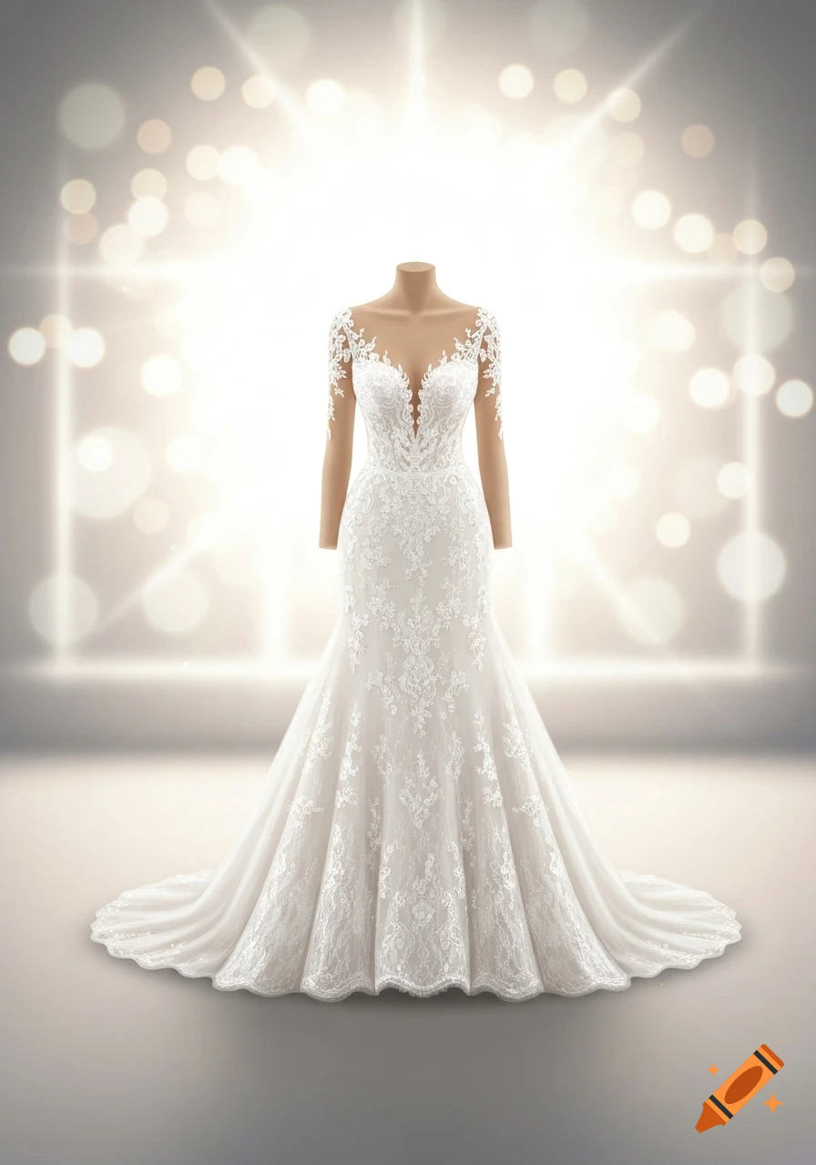 White lace wedding dress with a flowing train on a headless mannequin, against a glowing bokeh background.