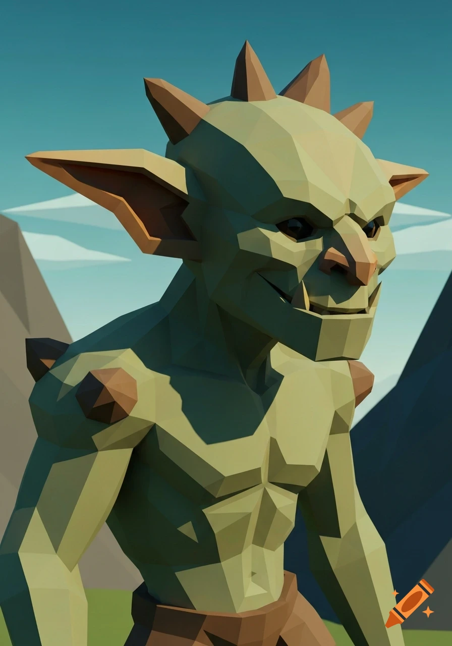 A low poly 3D rendering of a green goblin creature with sharp teeth and ears, standing against a blue sky and distant mountains.
