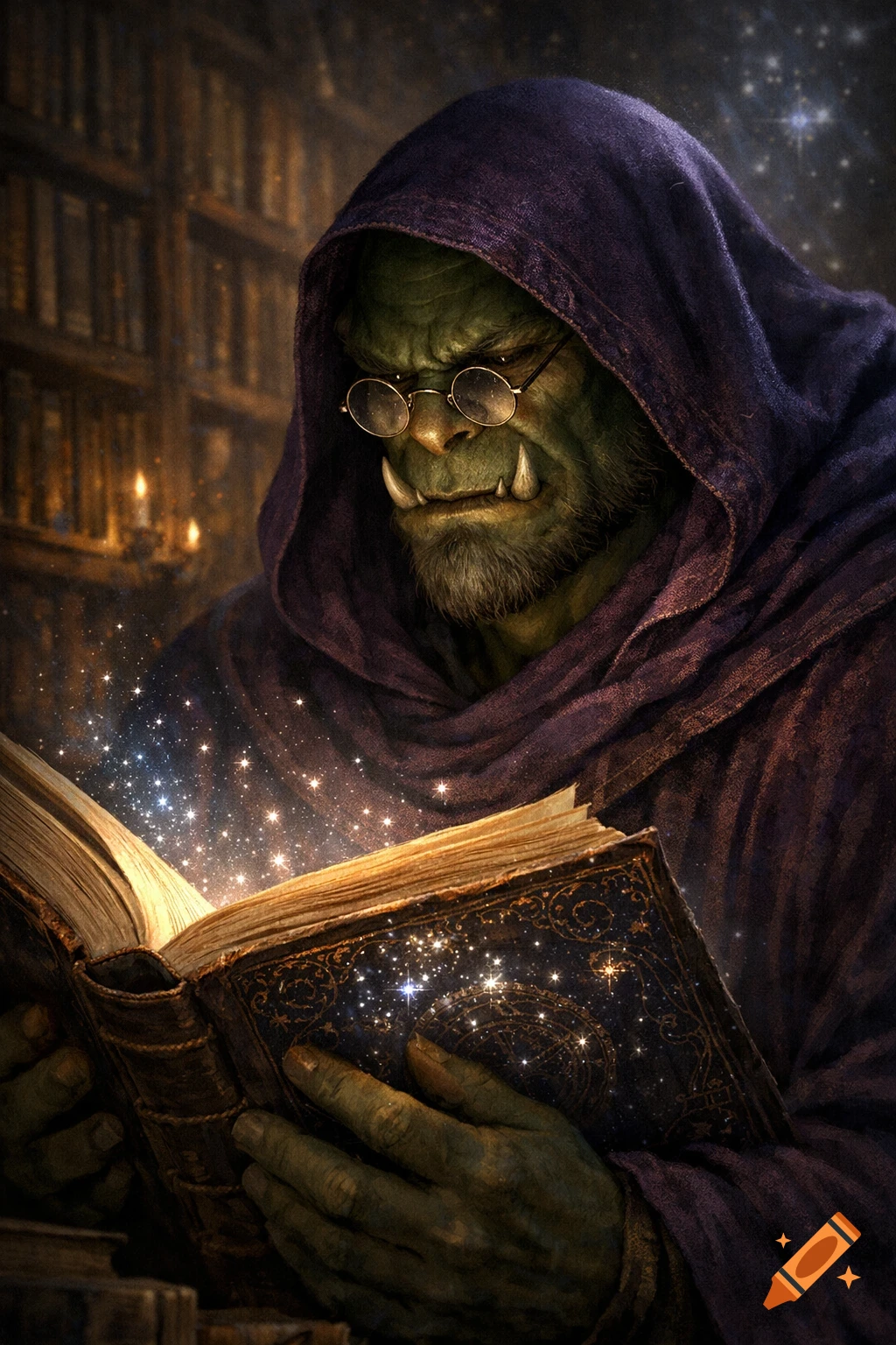 An orc in a purple hooded cloak and spectacles reads an old book glowing with starlight and magic in a dimly lit library.
