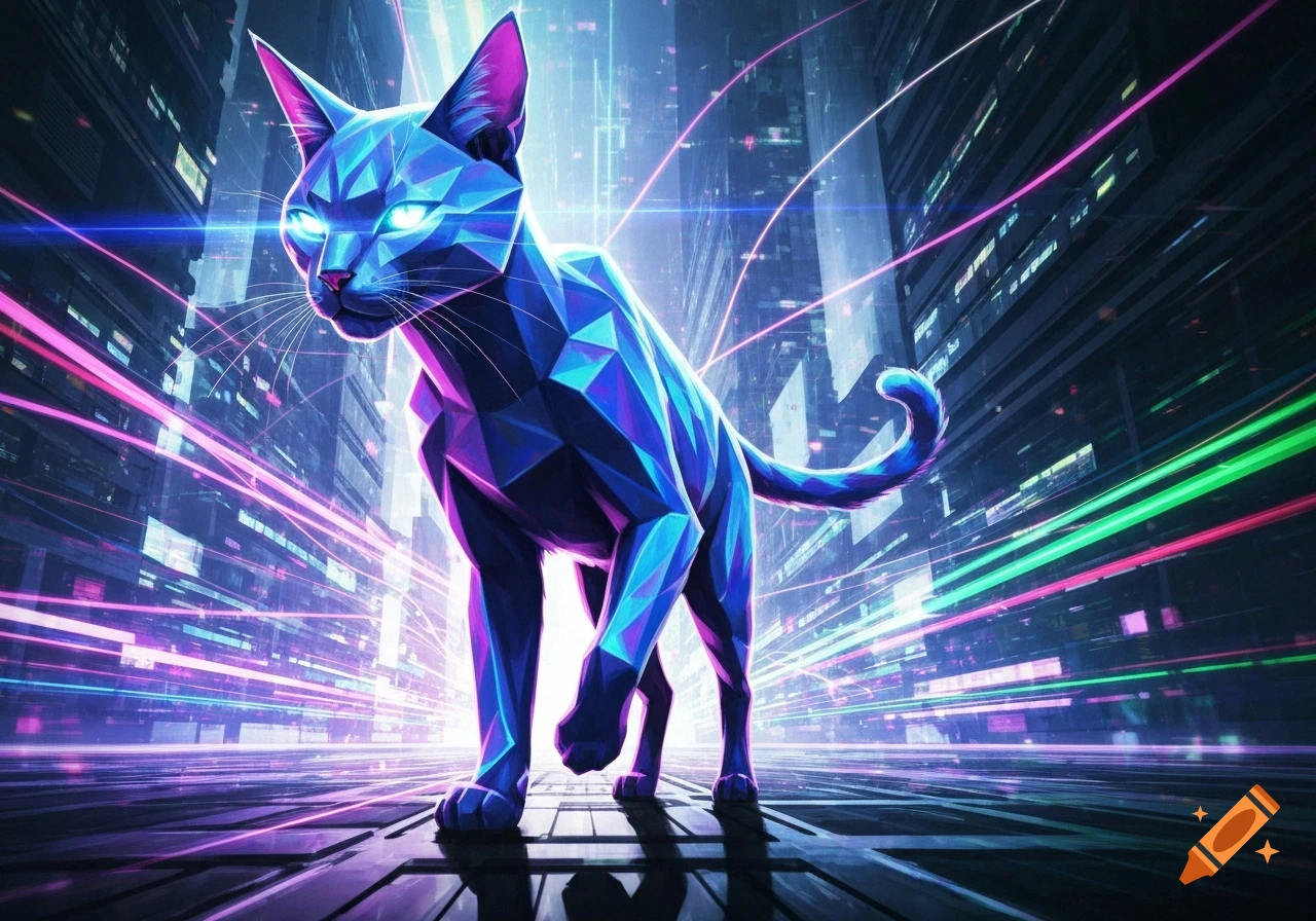 A geometric blue and purple cat with glowing eyes stands on a reflective surface in a neon-lit futuristic city.