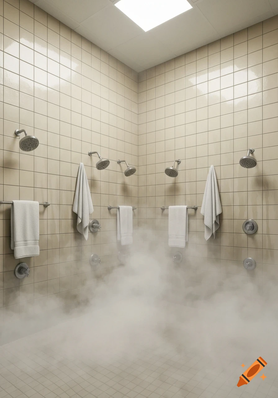Empty gym shower room with cream tiled walls, multiple shower heads, white towels, and steam rising from the floor.