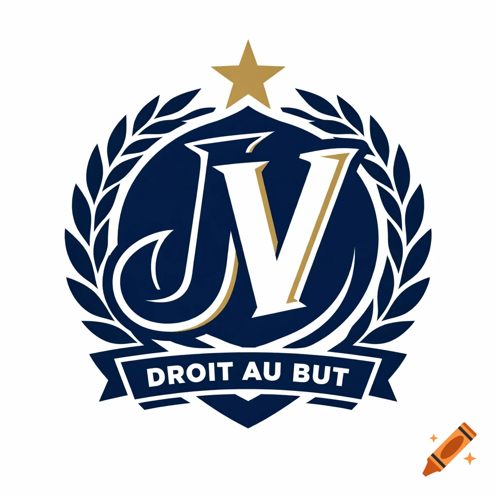 Dark blue and gold sports emblem with JV initials, a laurel wreath, a star, and 'DROIT AU BUT' banner.