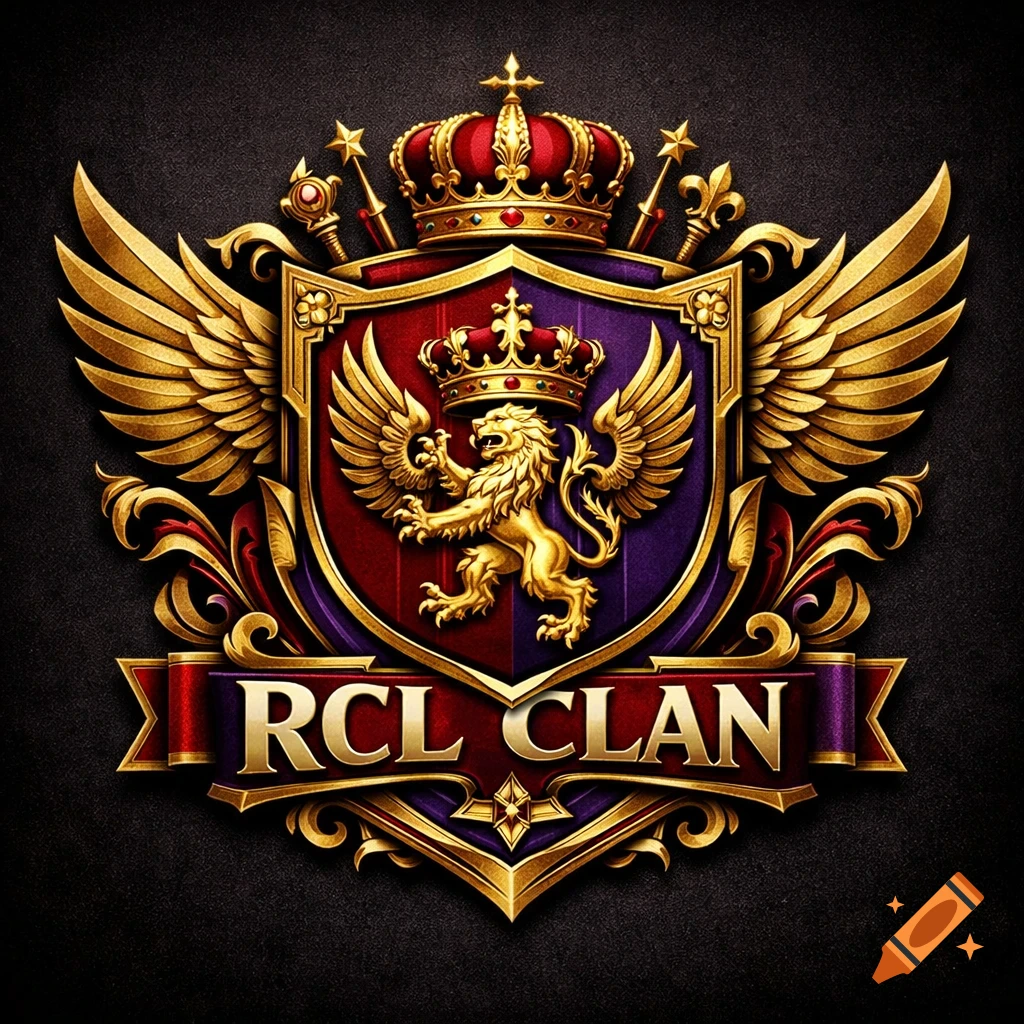 Ornate gold and red royal crest with a crowned lion, wings, and 'RCL CLAN' text on a dark background.
