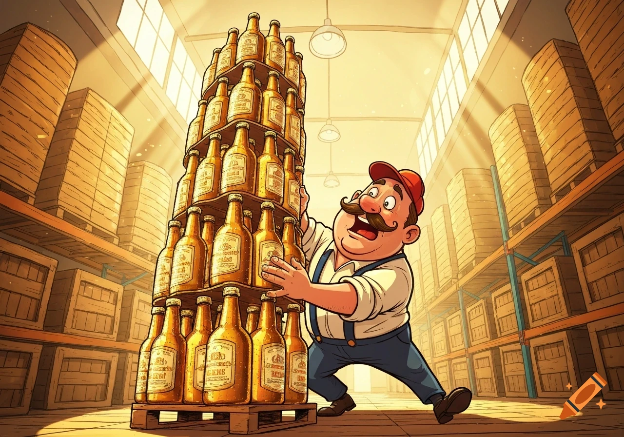 A cartoon man with a mustache strains to hold a tall, unstable stack of beer bottles in a sunny warehouse.