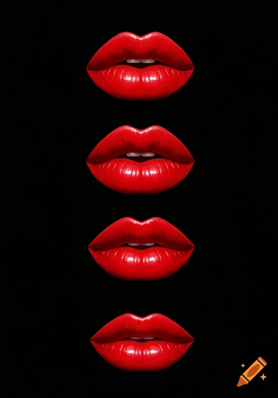 Four sets of glossy red lips with white teeth against a black background.