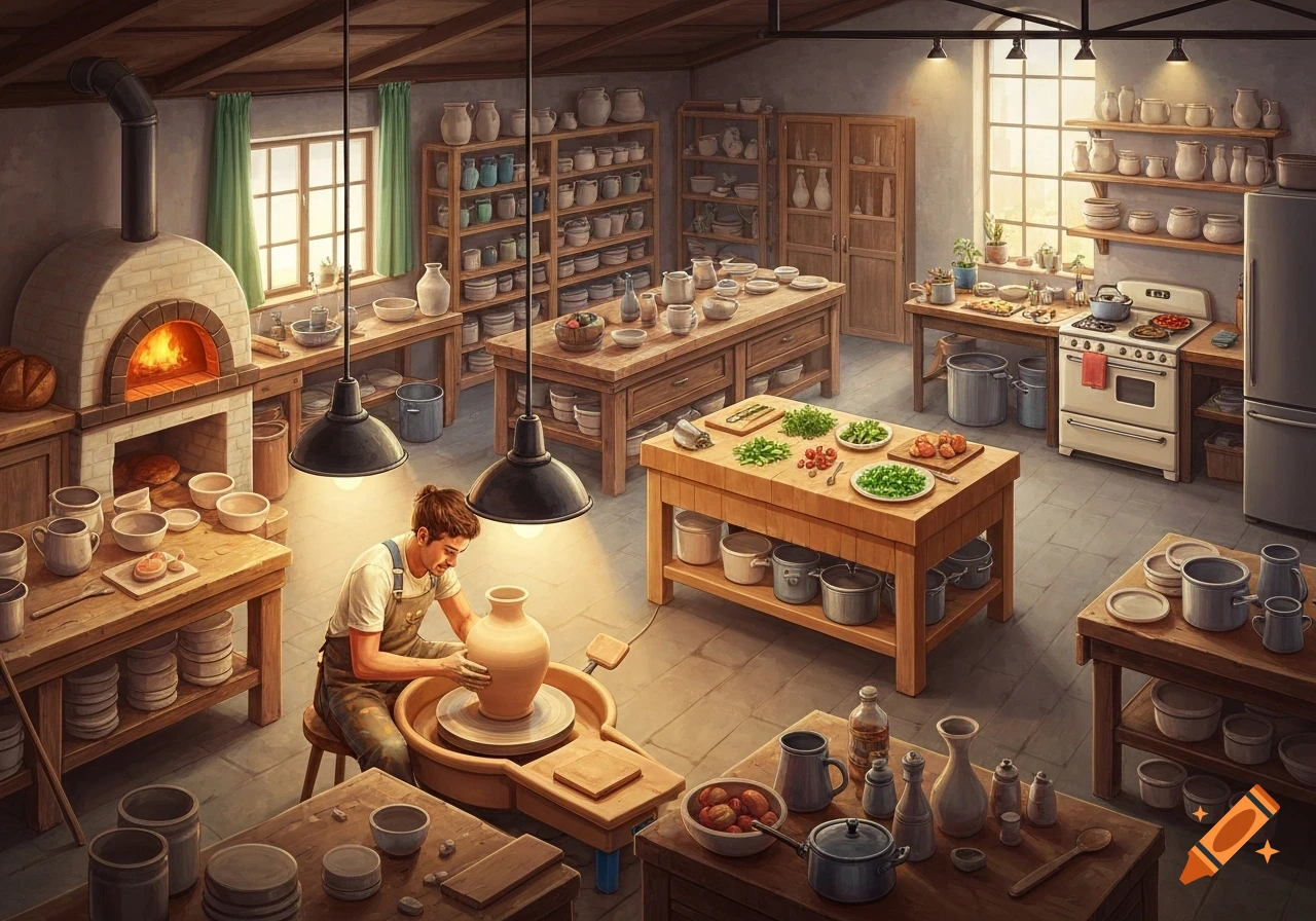 A person works at a pottery wheel in a detailed studio kitchen with a wood-fired oven and shelves of ceramic ware.