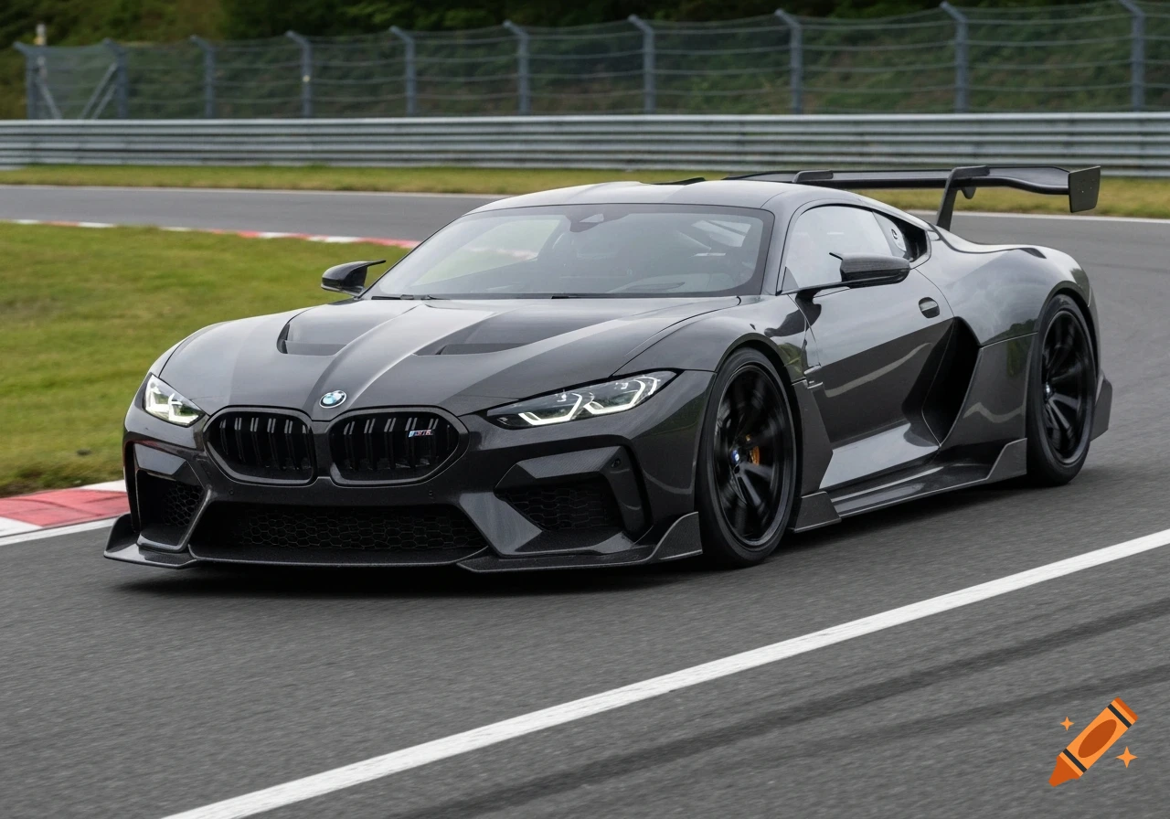 A dark gray BMW M hypercar with a large rear spoiler drives on a race track under daylight, with motion blur on its wheels.