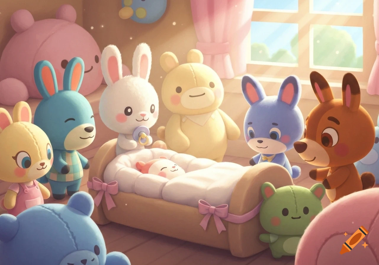 Cute cartoon animal plushies gather around a baby sleeping in a crib in a bright, soft-lit nursery.