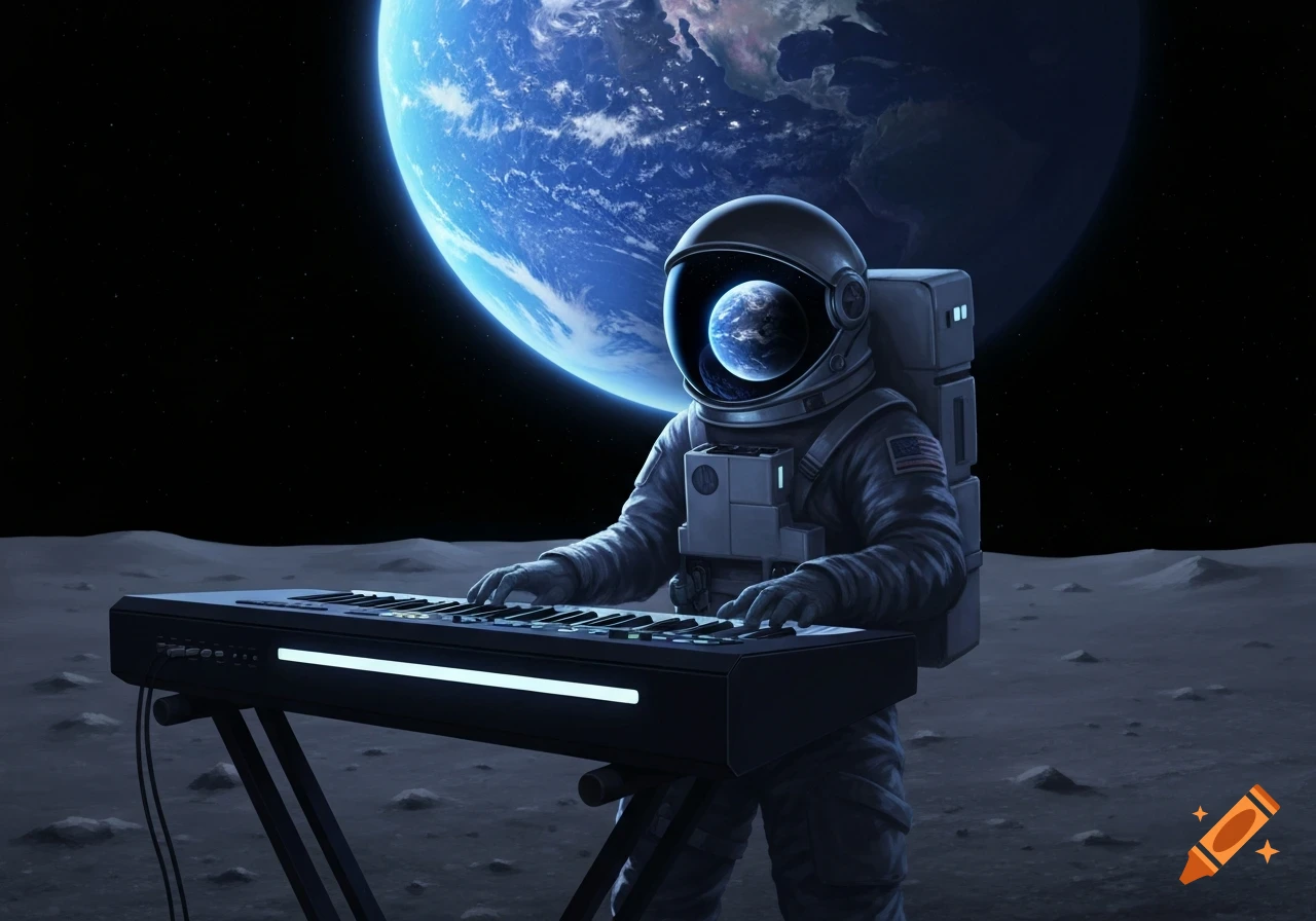 An astronaut in a spacesuit plays a glowing keyboard on the moon's surface, with Earth prominently visible in the background.