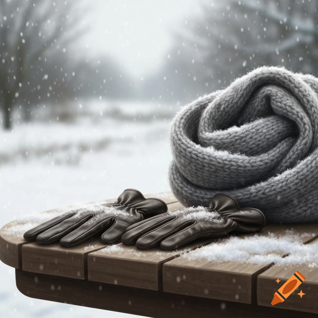 Photorealistic still life of a grey knitted scarf and brown leather gloves covered in snow on a wooden table outdoors.