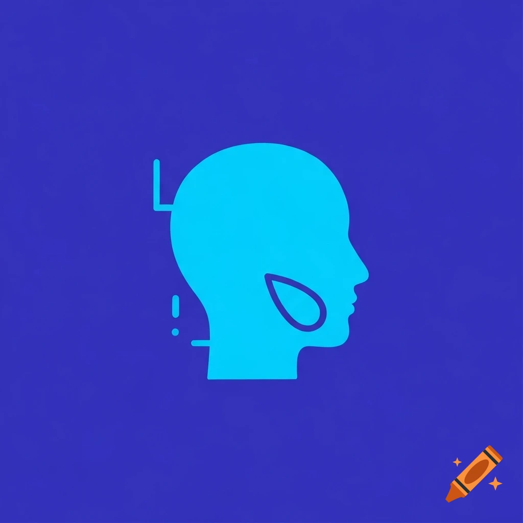 A cyan blue silhouette icon of a human head in profile with abstract lines and a tear-drop shape, on a textured purple background.