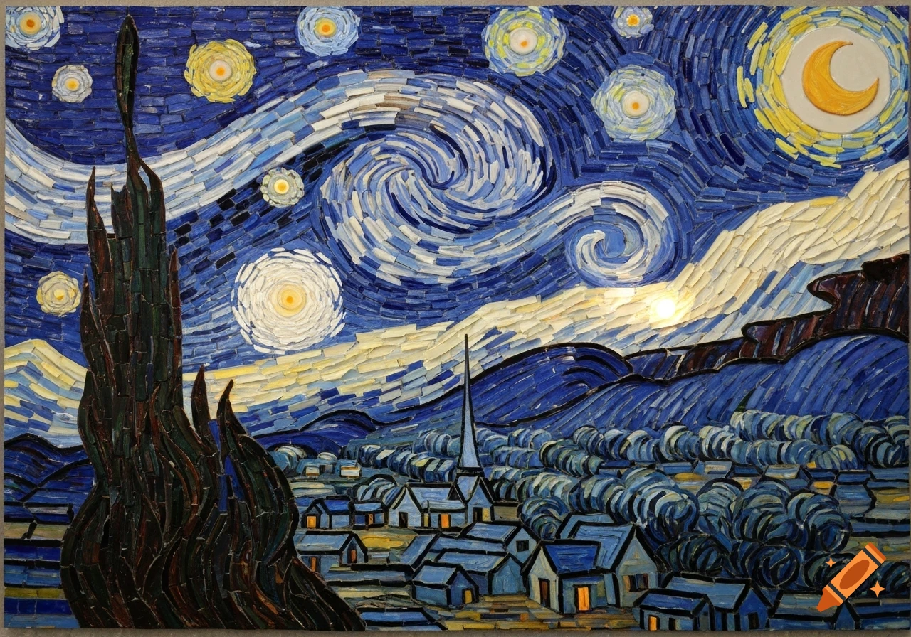 Mosaic artwork of Van Gogh's Starry Night, featuring a swirling blue and white sky with bright stars, a dark cypress tree, and a village.