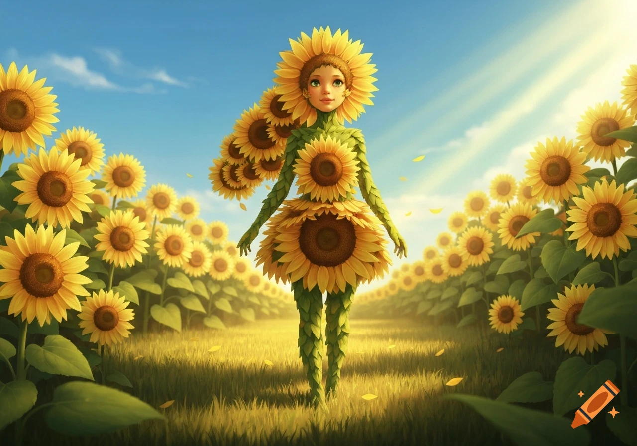A whimsical girl made of sunflowers stands in a vast sunflower field under a sunny blue sky, in a fantasy art style.