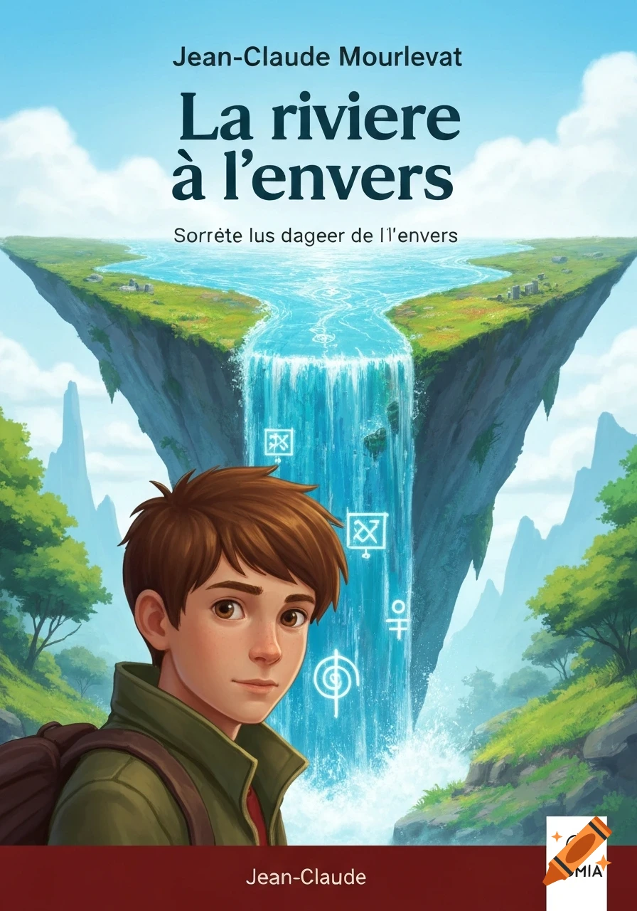 A boy with a backpack stands in the foreground, looking forward. Behind him is an fantastical landscape with a river flowing upwards from a waterfall, into a floating island in the sky. Ancient symbols float in the waterfall. The image is styled as a book cover for "La rivière à l'envers" by Jean-Claude Mourlevat.