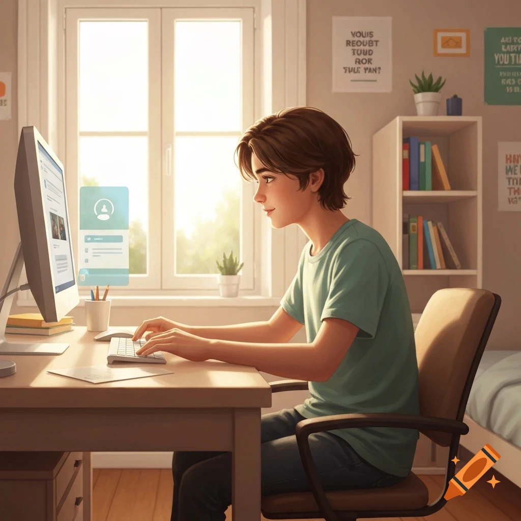 A male teenager with brown hair in a green shirt sits at a desk, typing on a computer in a bright bedroom.