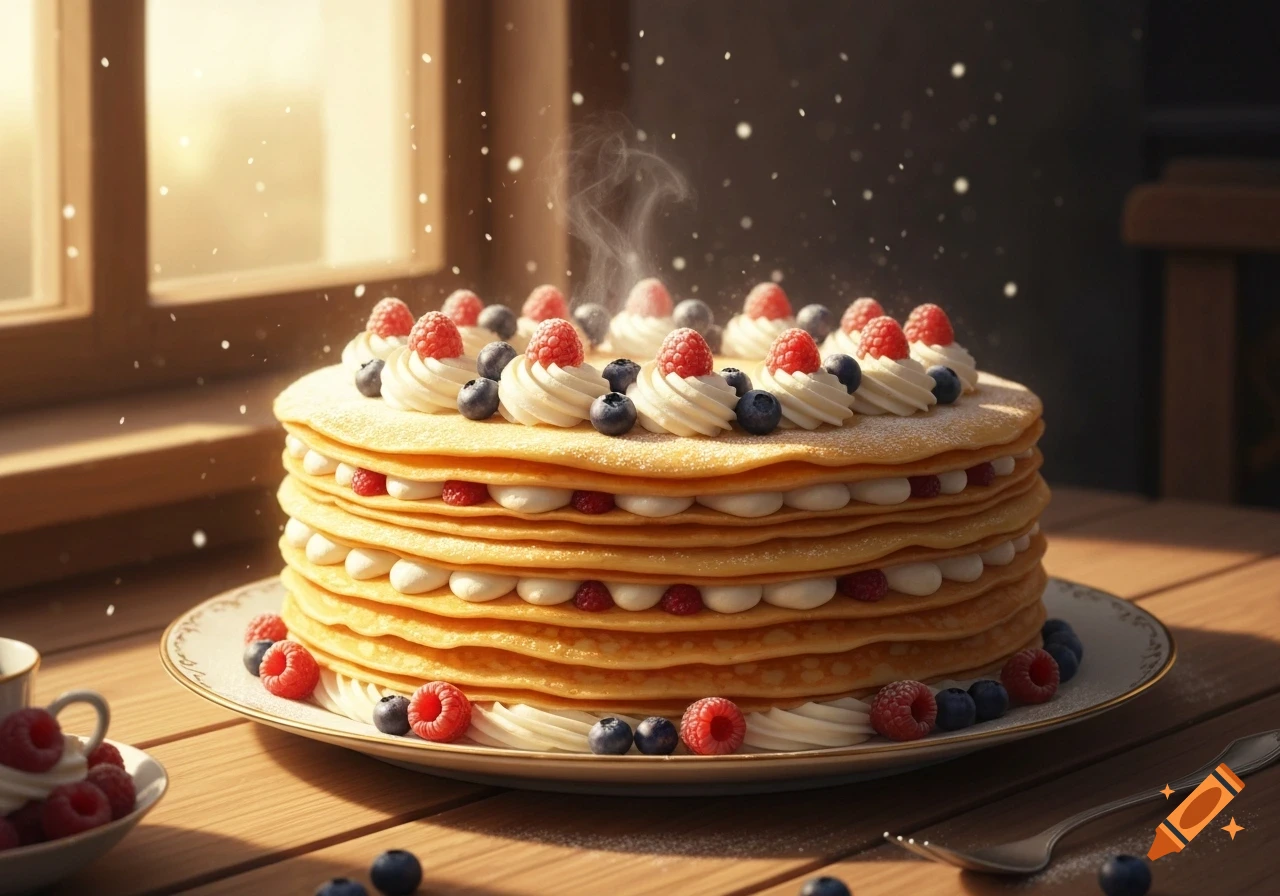 A layered crepe cake topped with whipped cream, raspberries, blueberries, and powdered sugar on a wooden table by a sunny window.