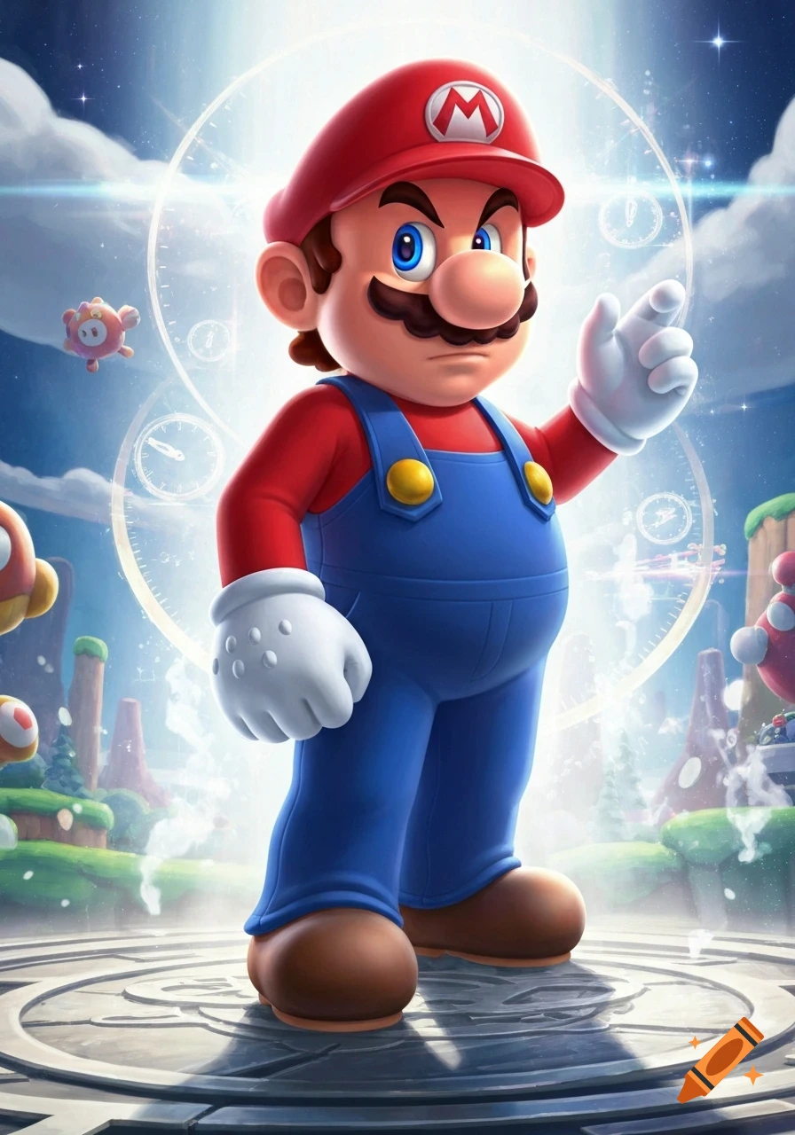 Vibrant digital illustration of Mario standing and pointing, with a stylized cosmic background featuring clock faces.