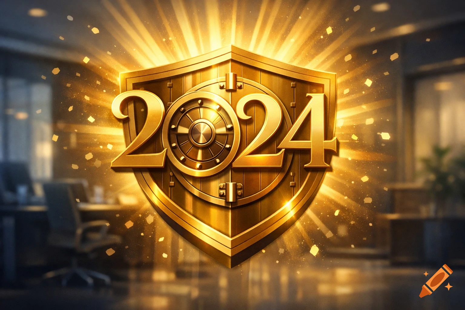 A gleaming golden shield with "2024" and a vault dial at its center, surrounded by sparkling gold particles, set in a blurred corporate office background.