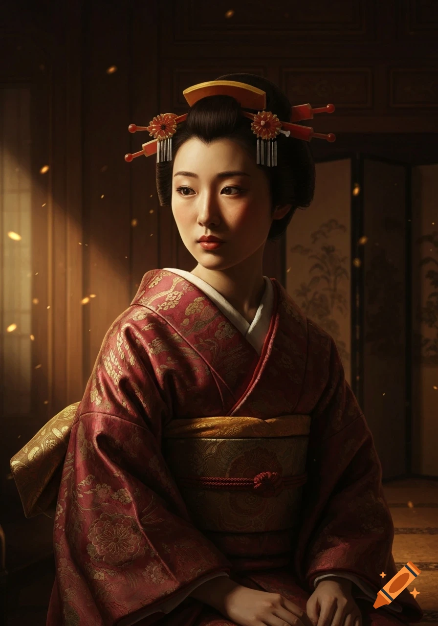 A young Japanese woman in an ornate red and gold kimono, with traditional hairpins, dramatically lit in a Rembrandt style.