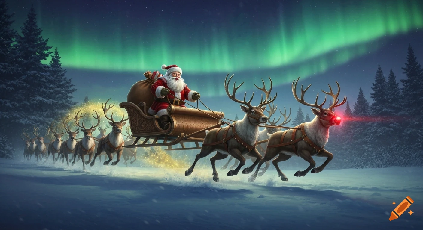 A cinematic digital painting shows Santa in his sleigh pulled by nine reindeer, led by Rudolph, soaring over a snowy forest under a green aurora.