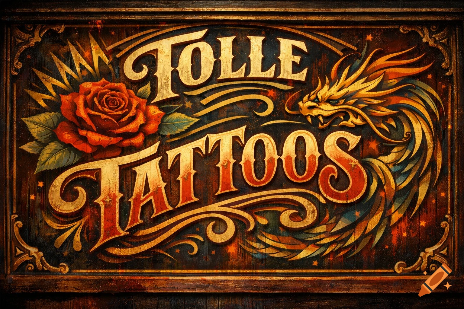 Vintage-style tattoo shop sign with 'Tolle Tattoos' text, a red rose, and a golden dragon head, dark wood background.