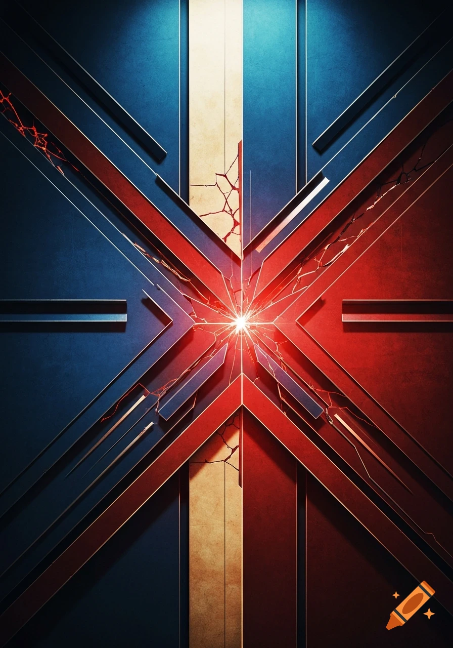 Abstract geometric design in red, blue, and beige with a broken 'X' shape and a bright light in the center.